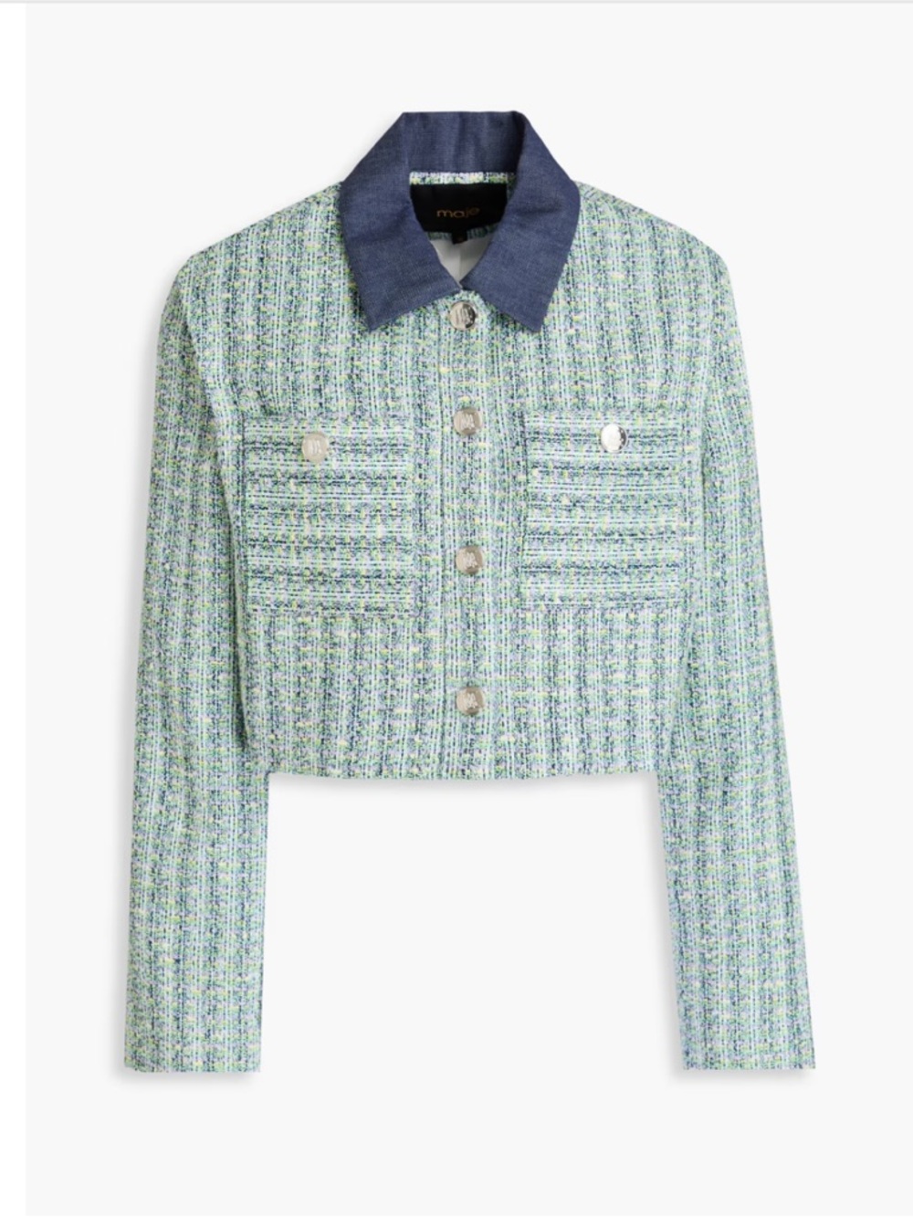 Maje Metallic Mint and Navy Cropped Tweed Jacket size 38 M MWT